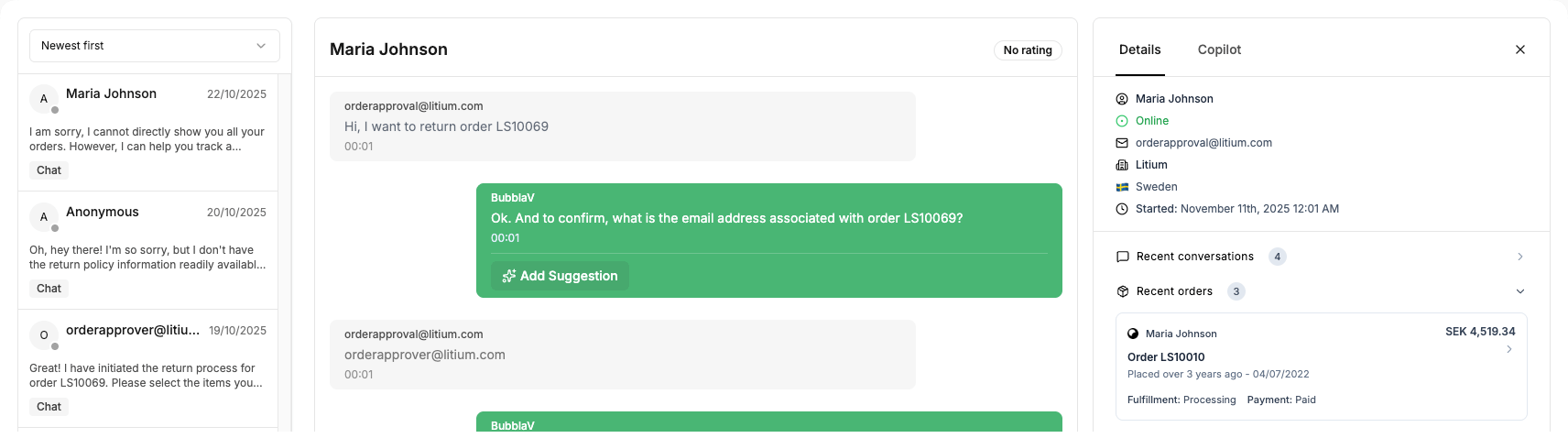 Live chat workspace blending AI assistance with human support