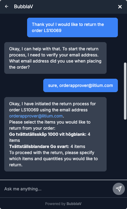 AI assistant guiding Litium customers through a return flow
