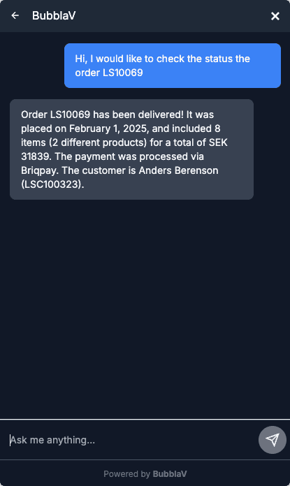 AI assistant providing Litium order tracking updates