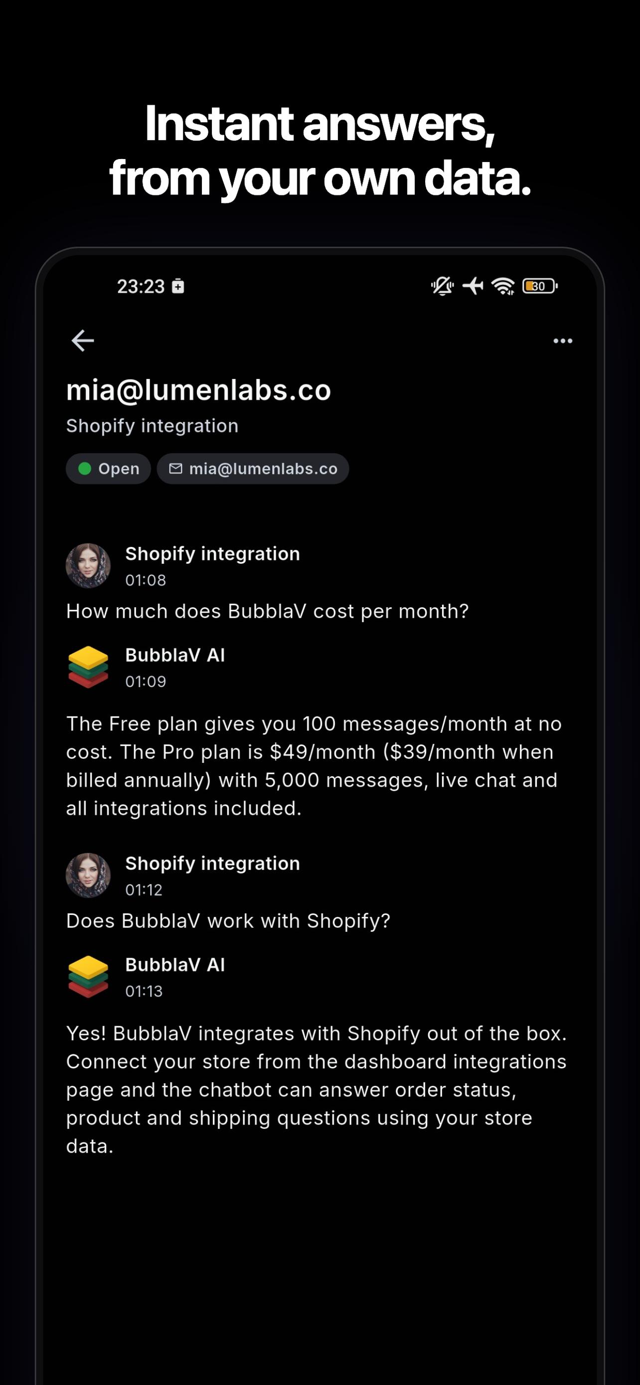 BubblaV mobile app — the AI chatbot answering questions from your own data