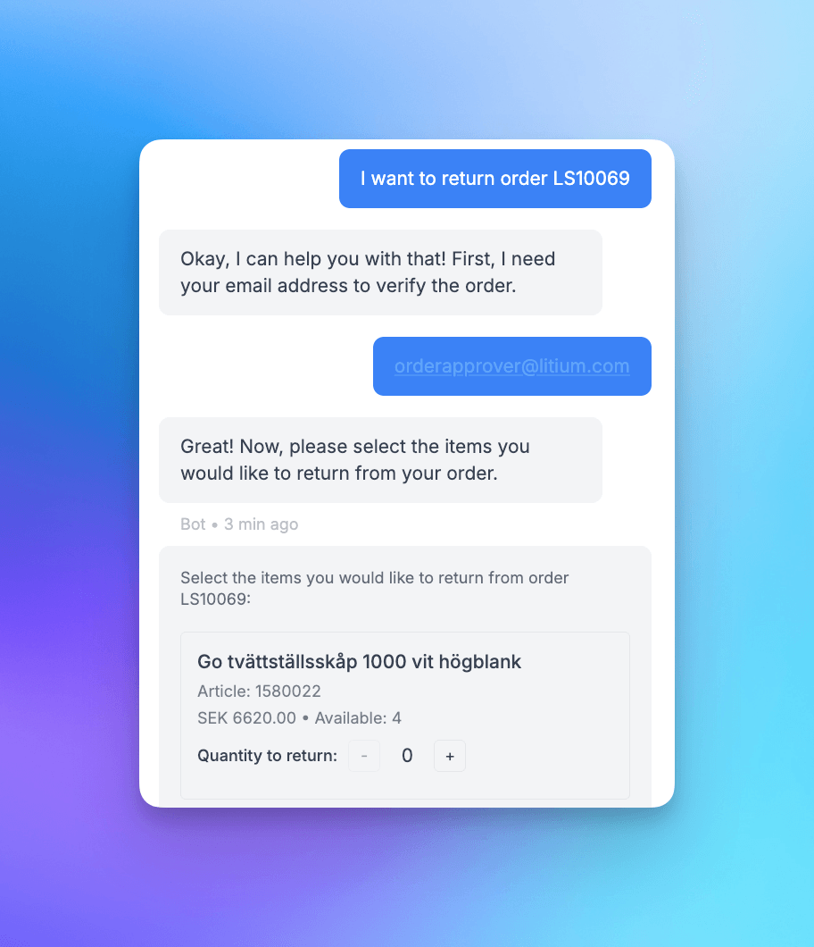 AI Assistant creating Litium return orders with self-service form