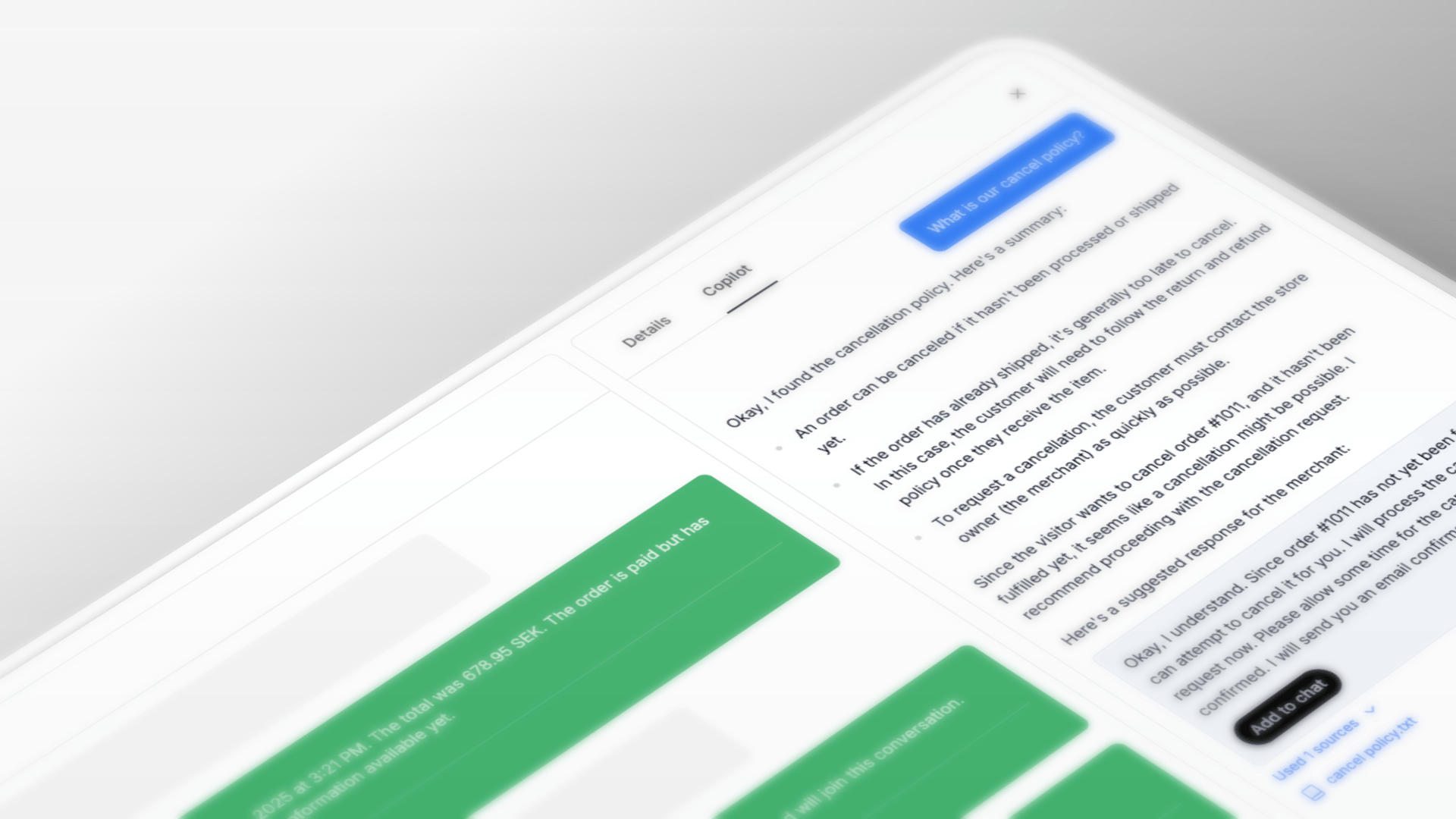 Live chat workspace blending AI assistance with human support