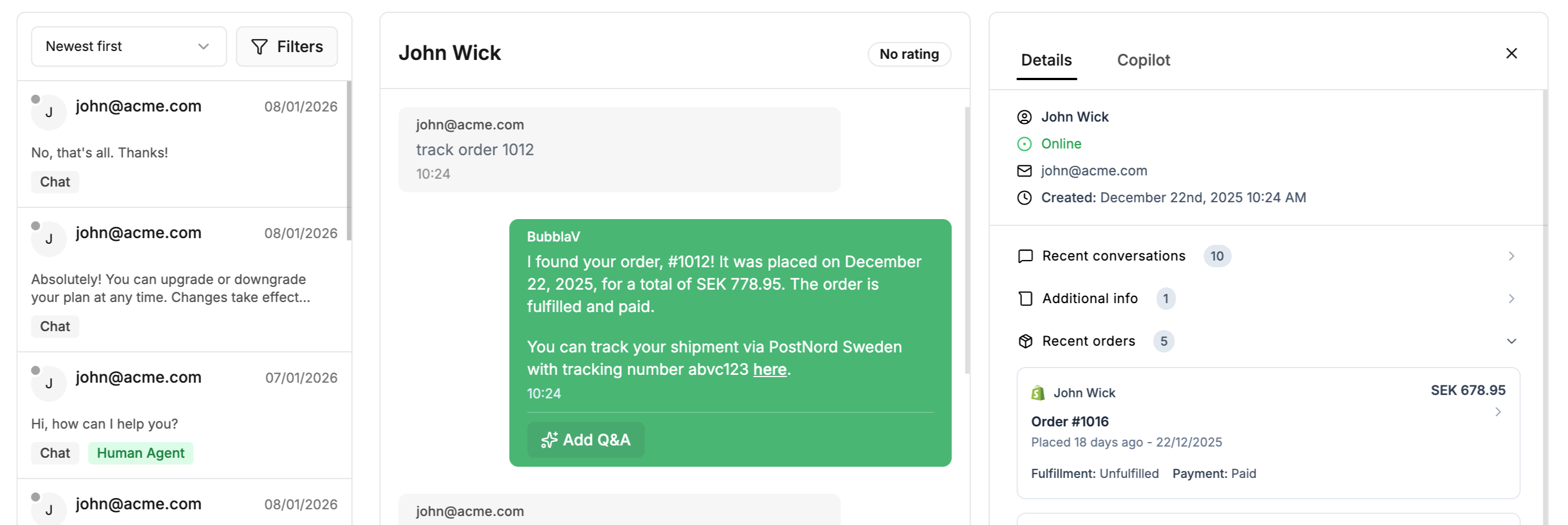 Live chat workspace with Shopify customer data