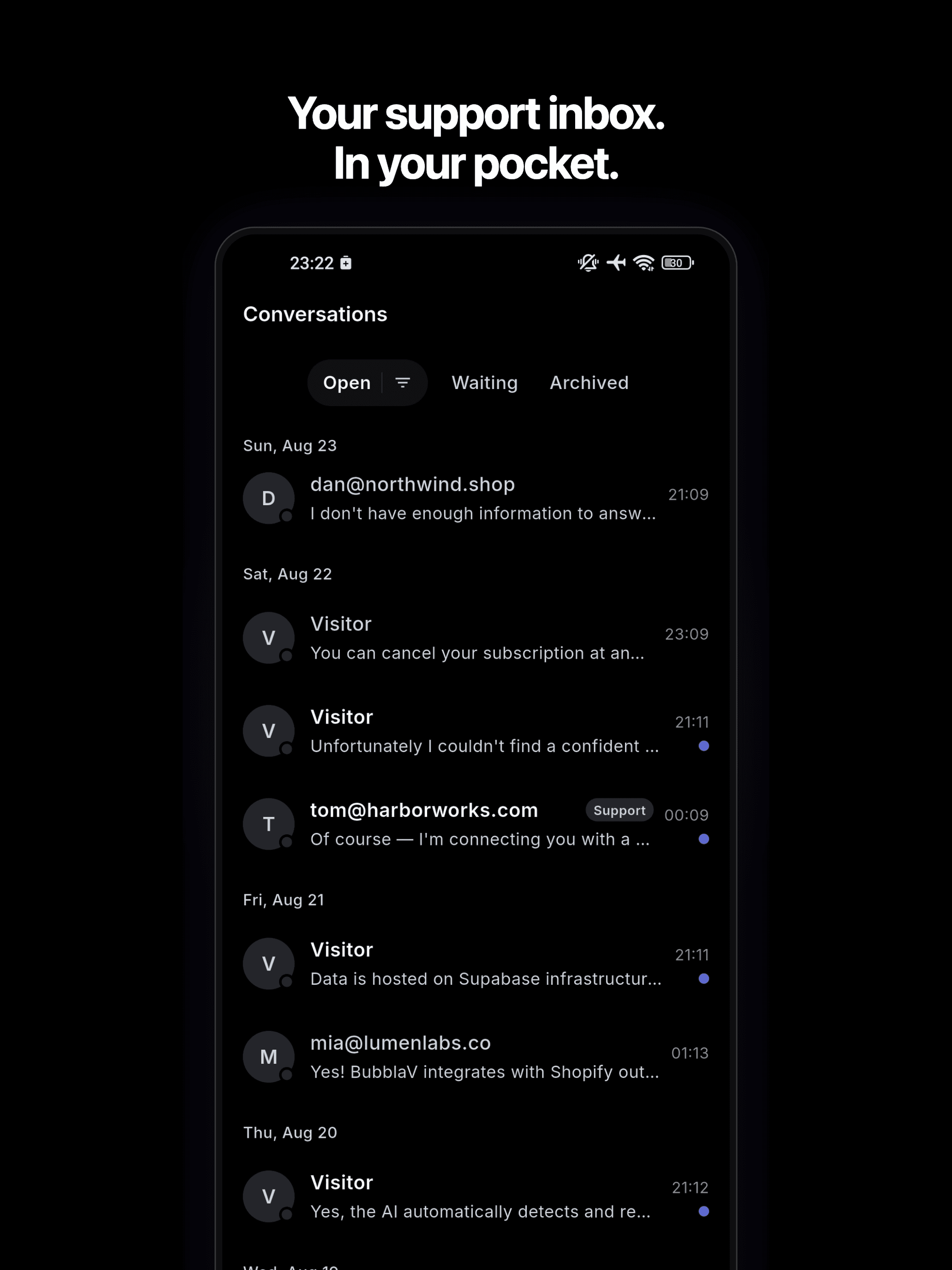 BubblaV mobile app — the conversations inbox with open, waiting, and archived filters
