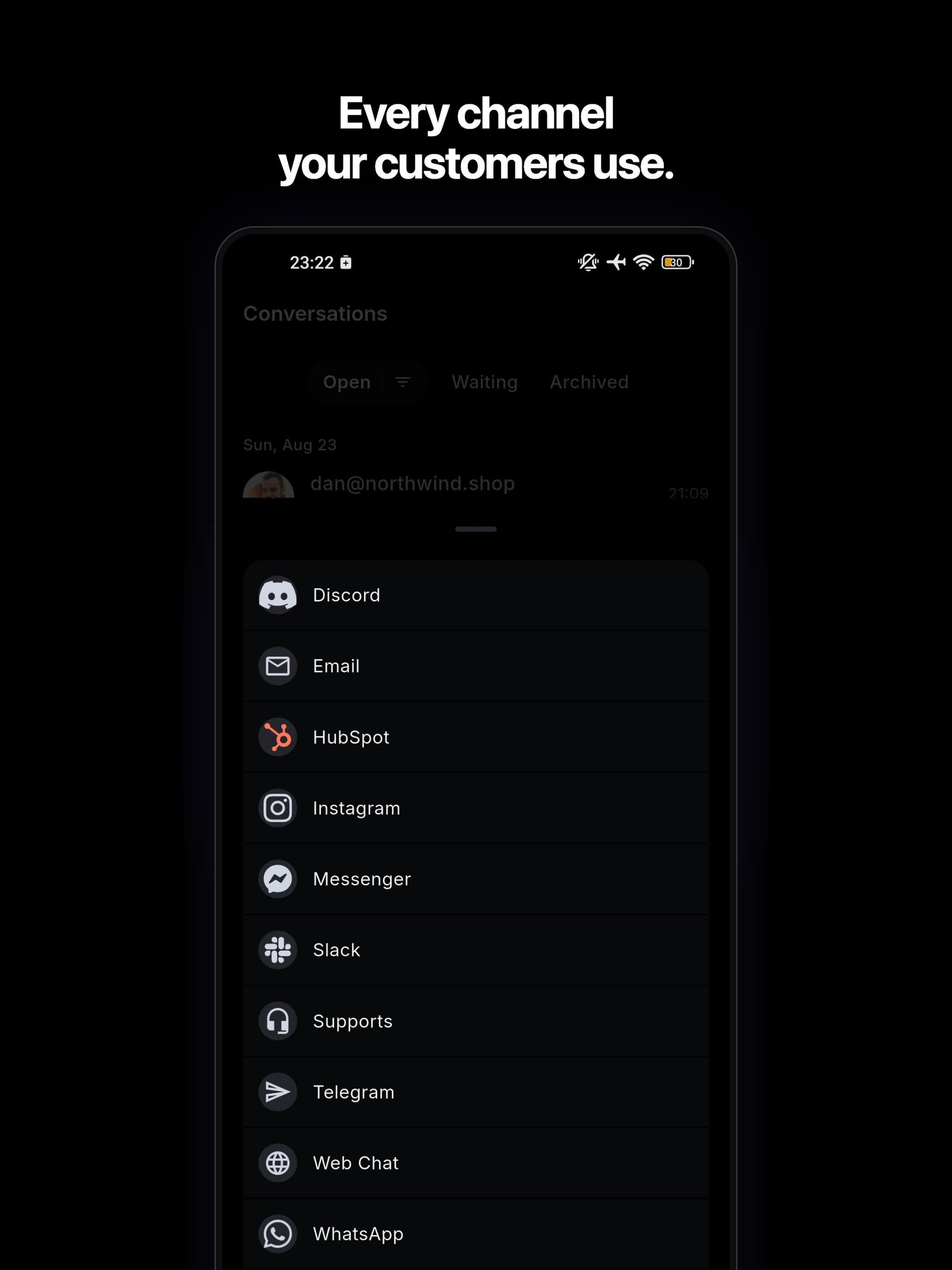 BubblaV mobile app — choosing which channels appear in the inbox