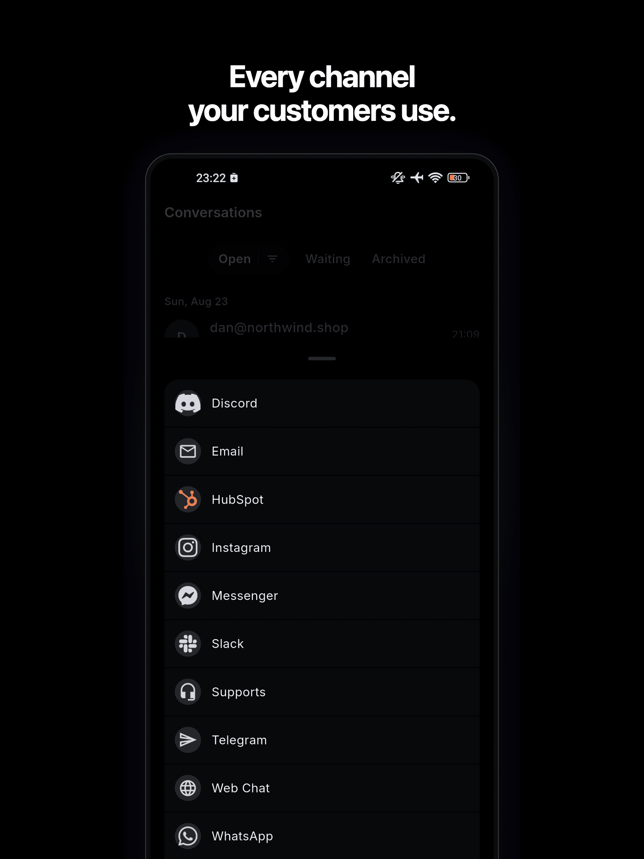 BubblaV mobile app — choosing which channels appear in the inbox