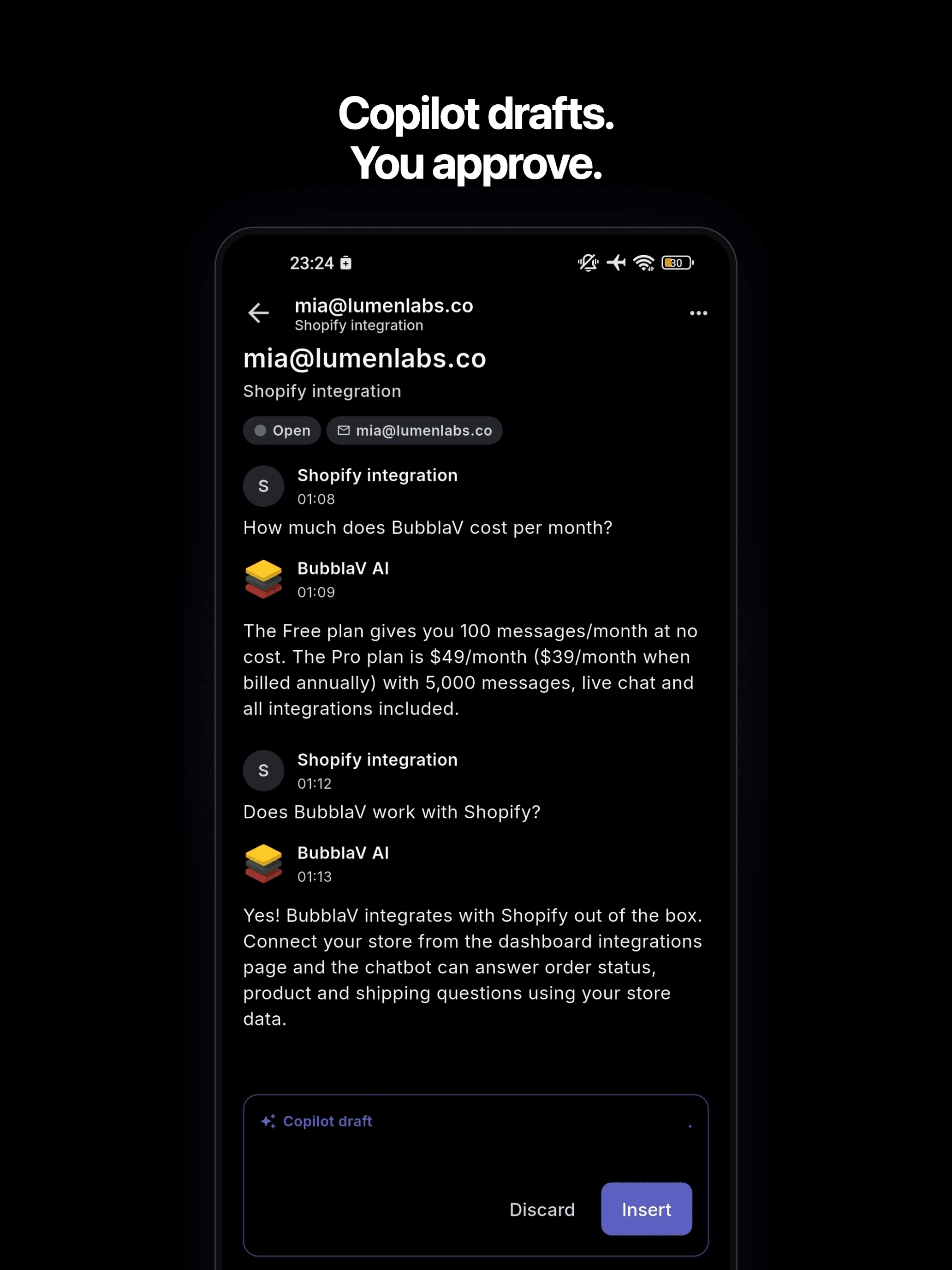 BubblaV mobile app — a Copilot draft ready to insert