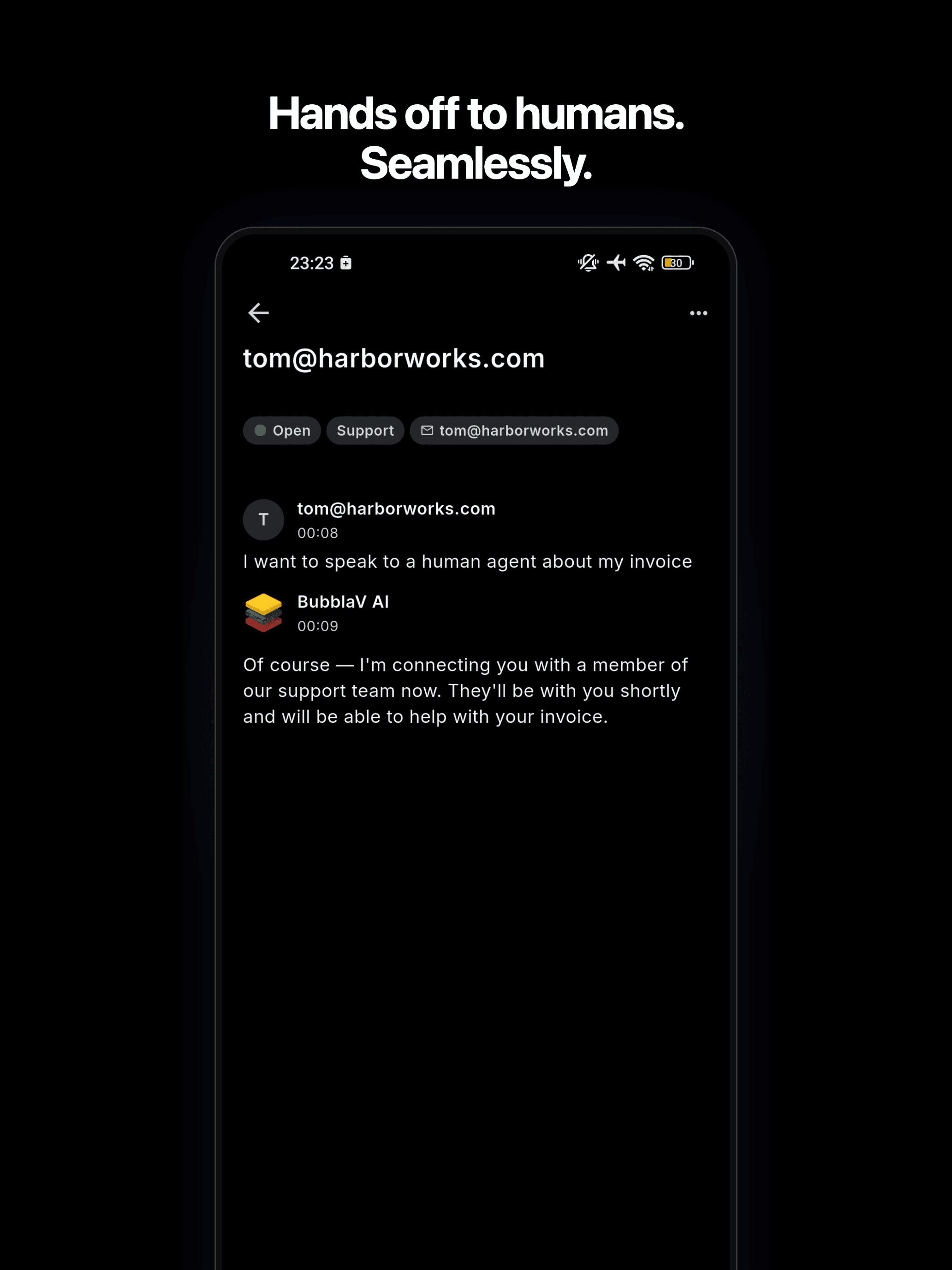 BubblaV mobile app — a customer handed off to a human agent