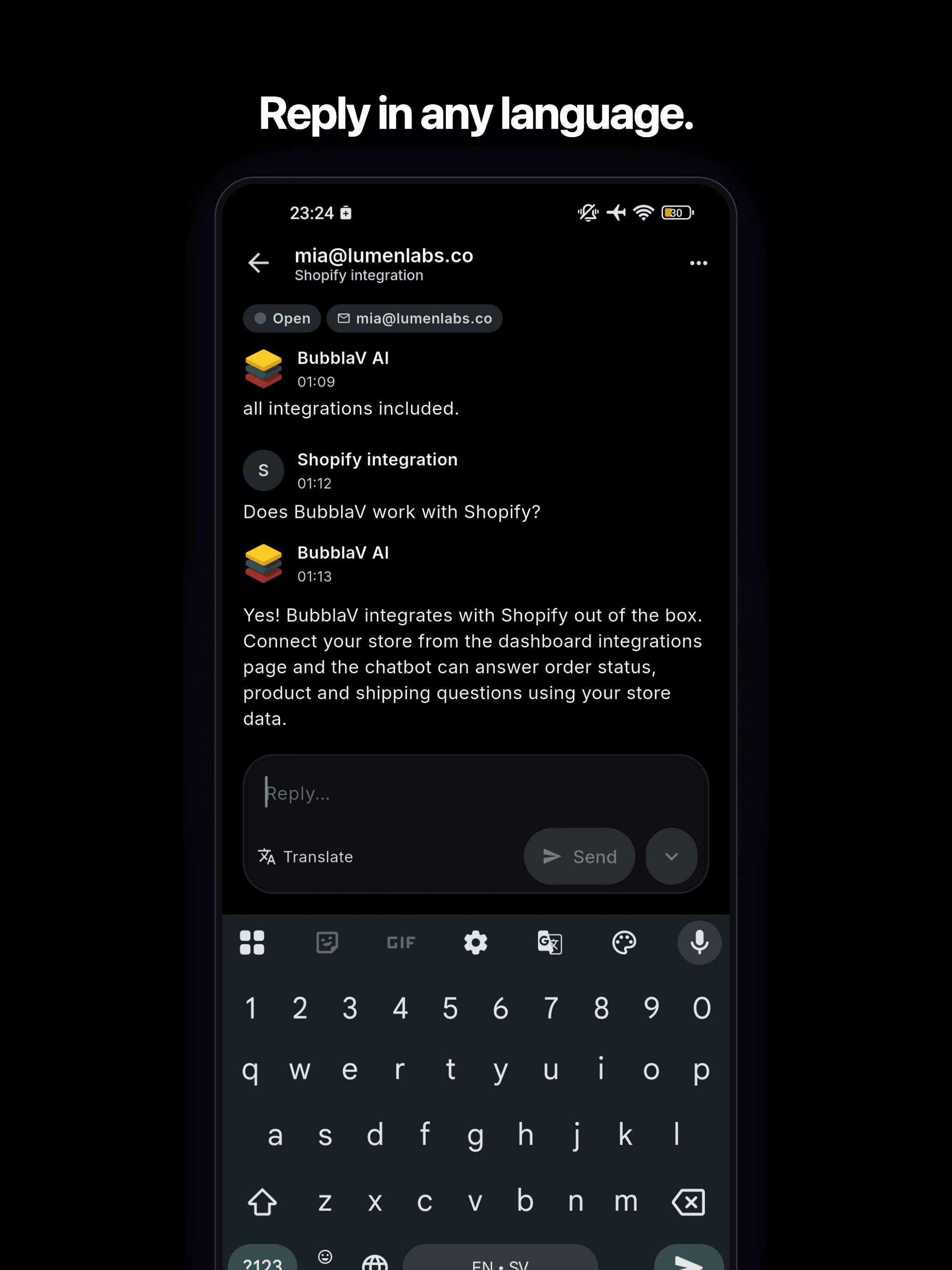 BubblaV mobile app — translating a reply before sending