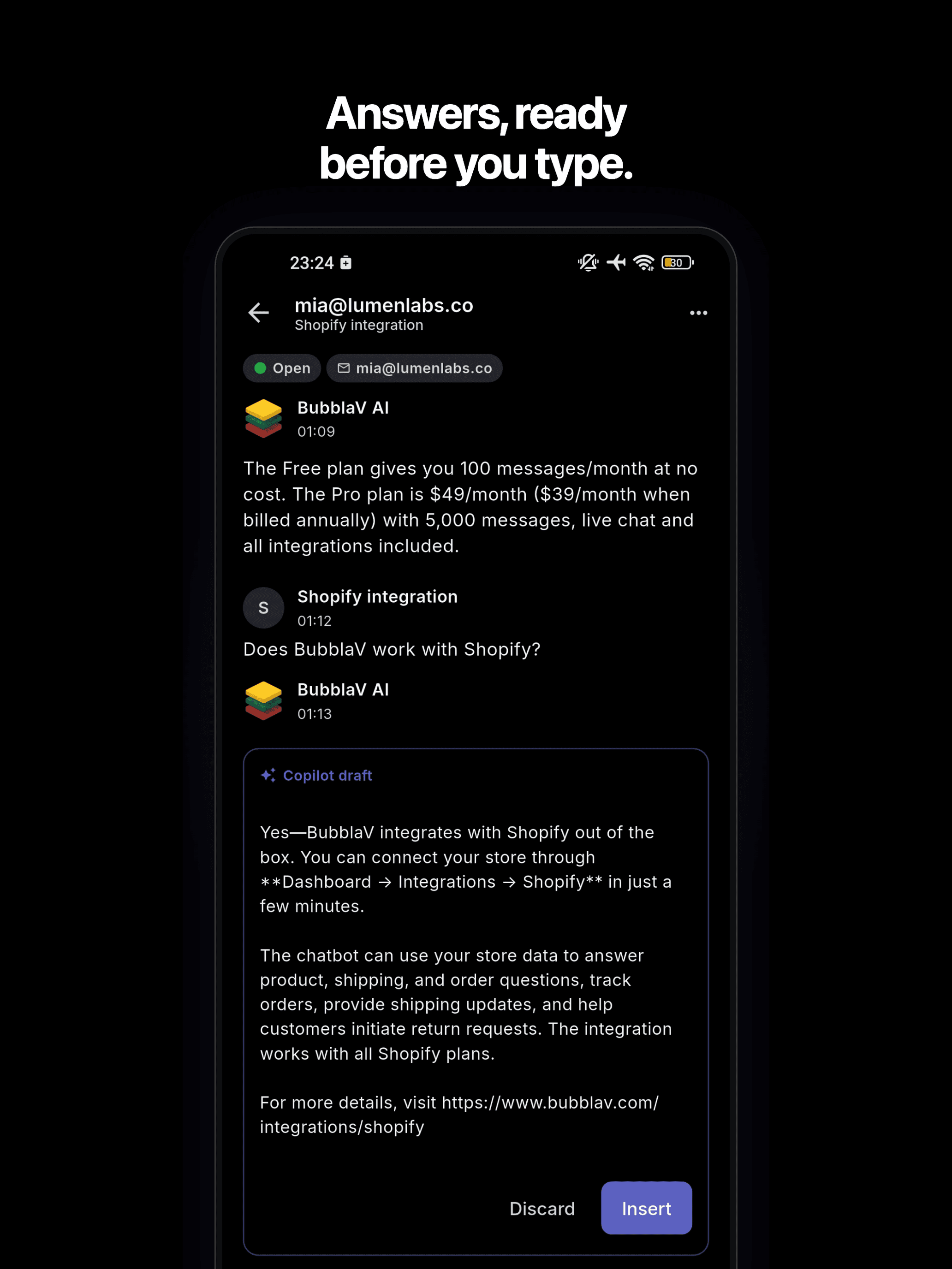 BubblaV mobile app — Copilot suggesting the next reply