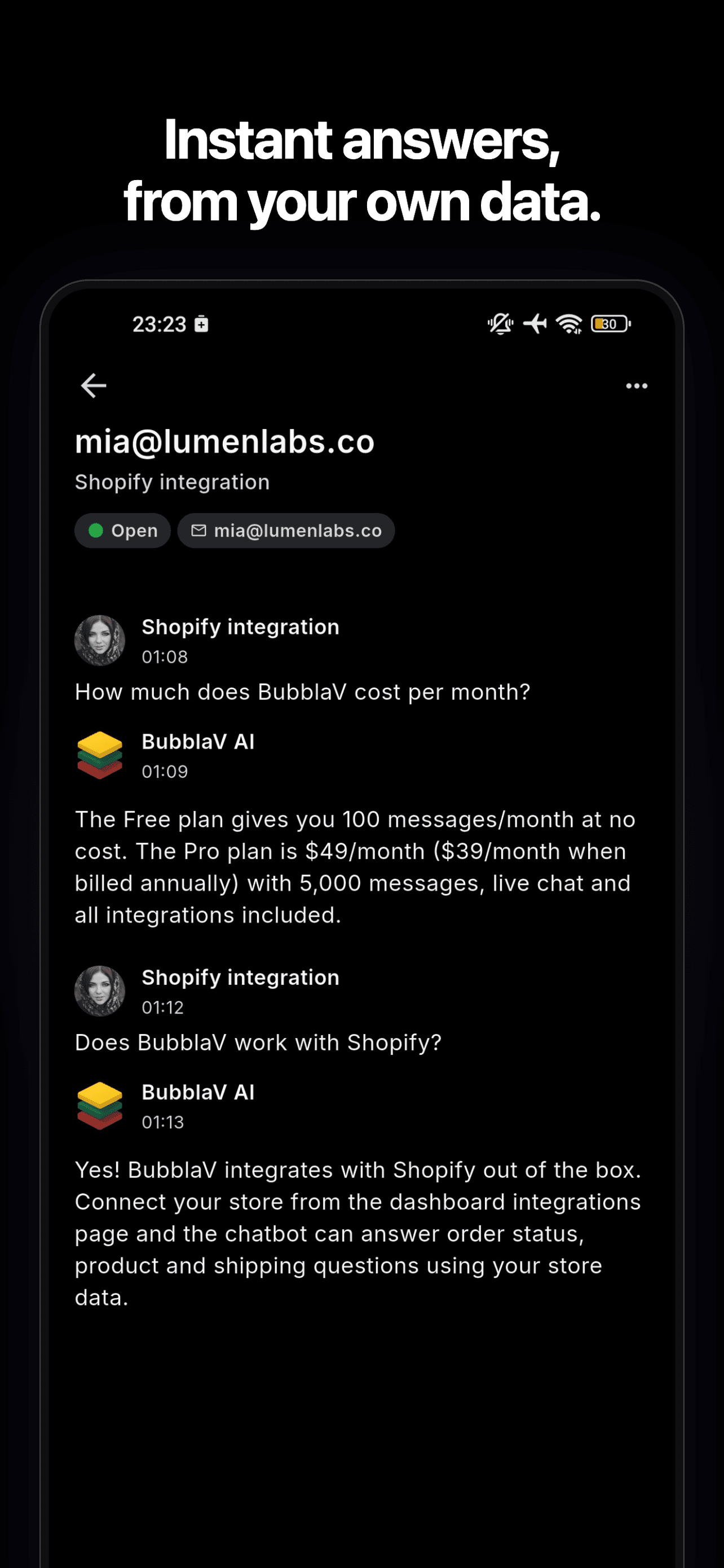 BubblaV mobile app — the AI chatbot answering questions from your own data