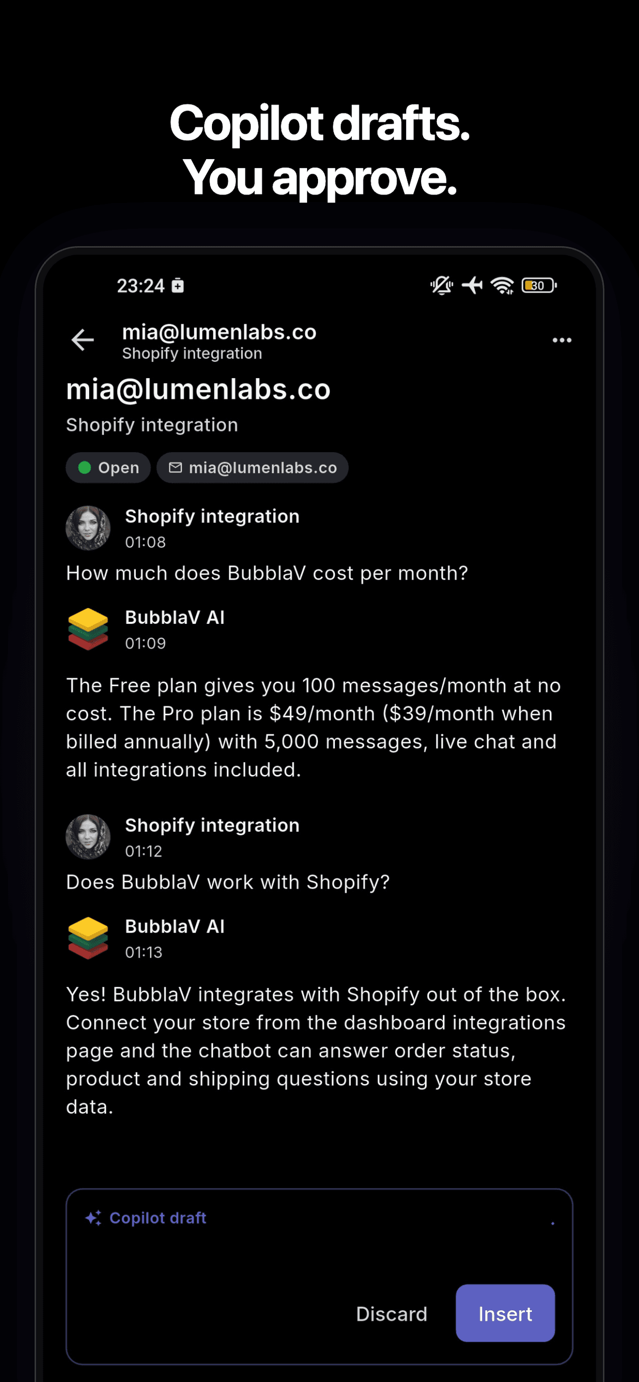 BubblaV mobile app — Copilot drafting a reply for your approval