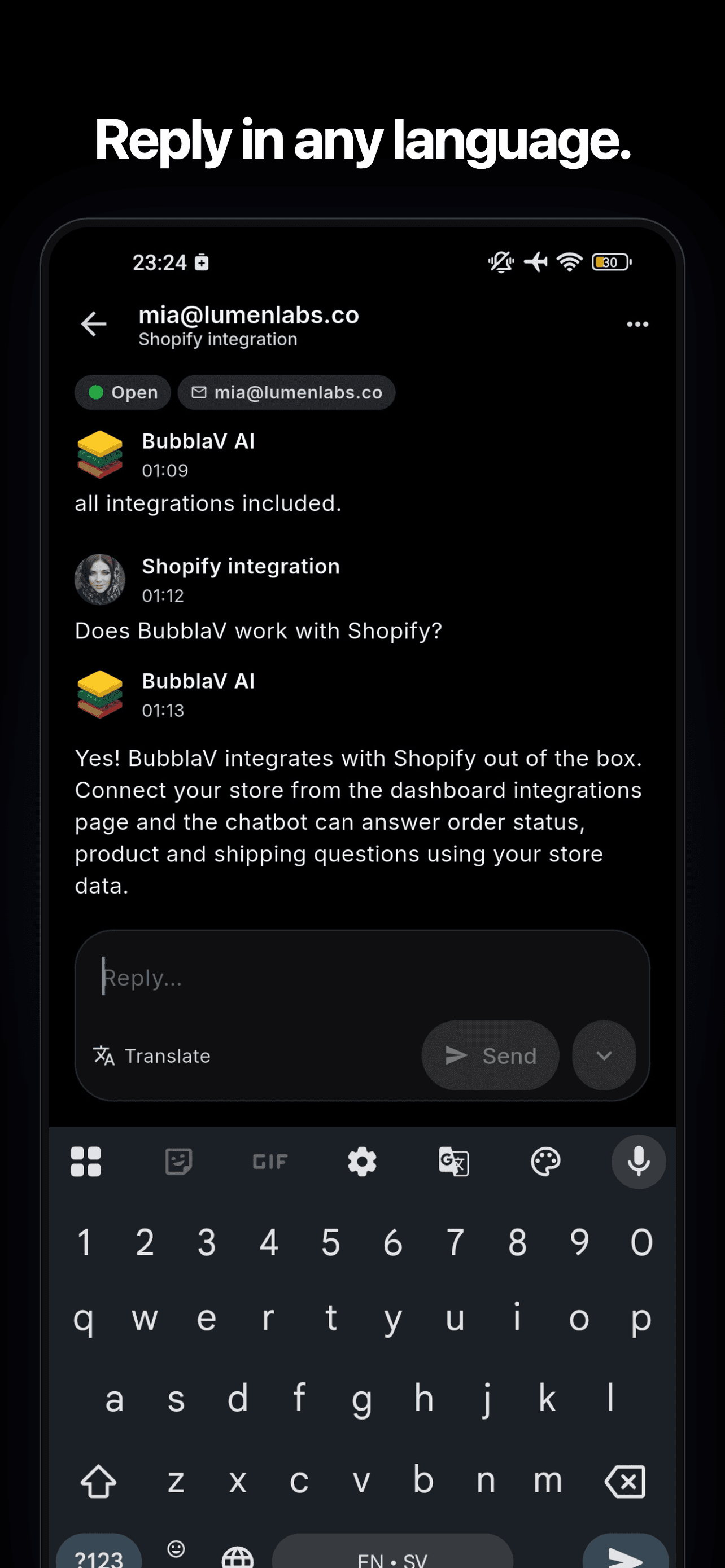 BubblaV mobile app — composing a live reply with built-in translation