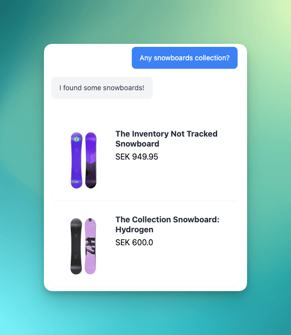AI Assistant helping with product search - showing snowboard collection recommendations