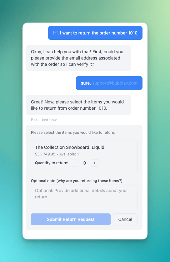 AI Assistant helping customers create return orders - showing interactive return form